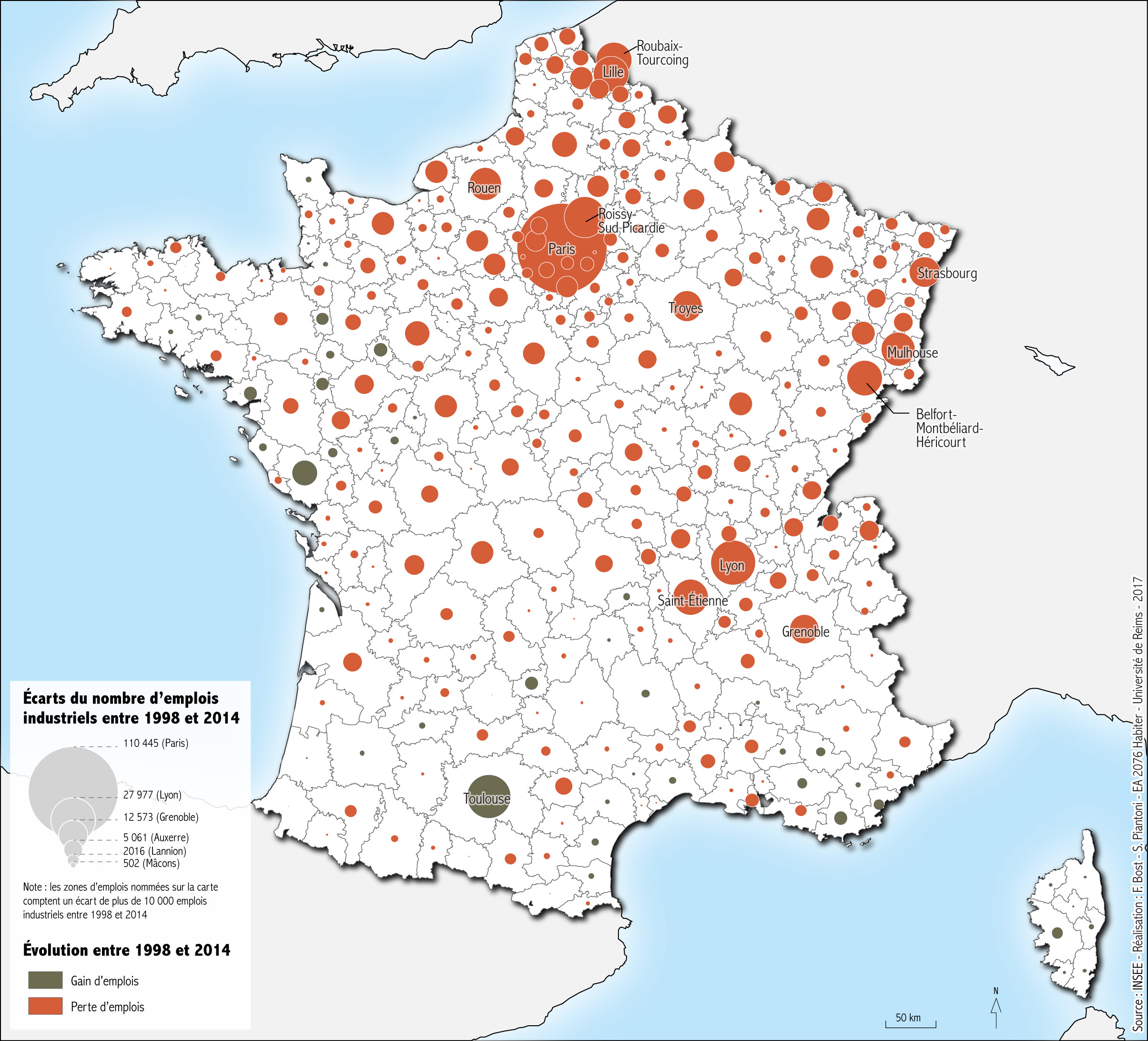 Carte des gains et pertes d’emplois industriels en France en 2014