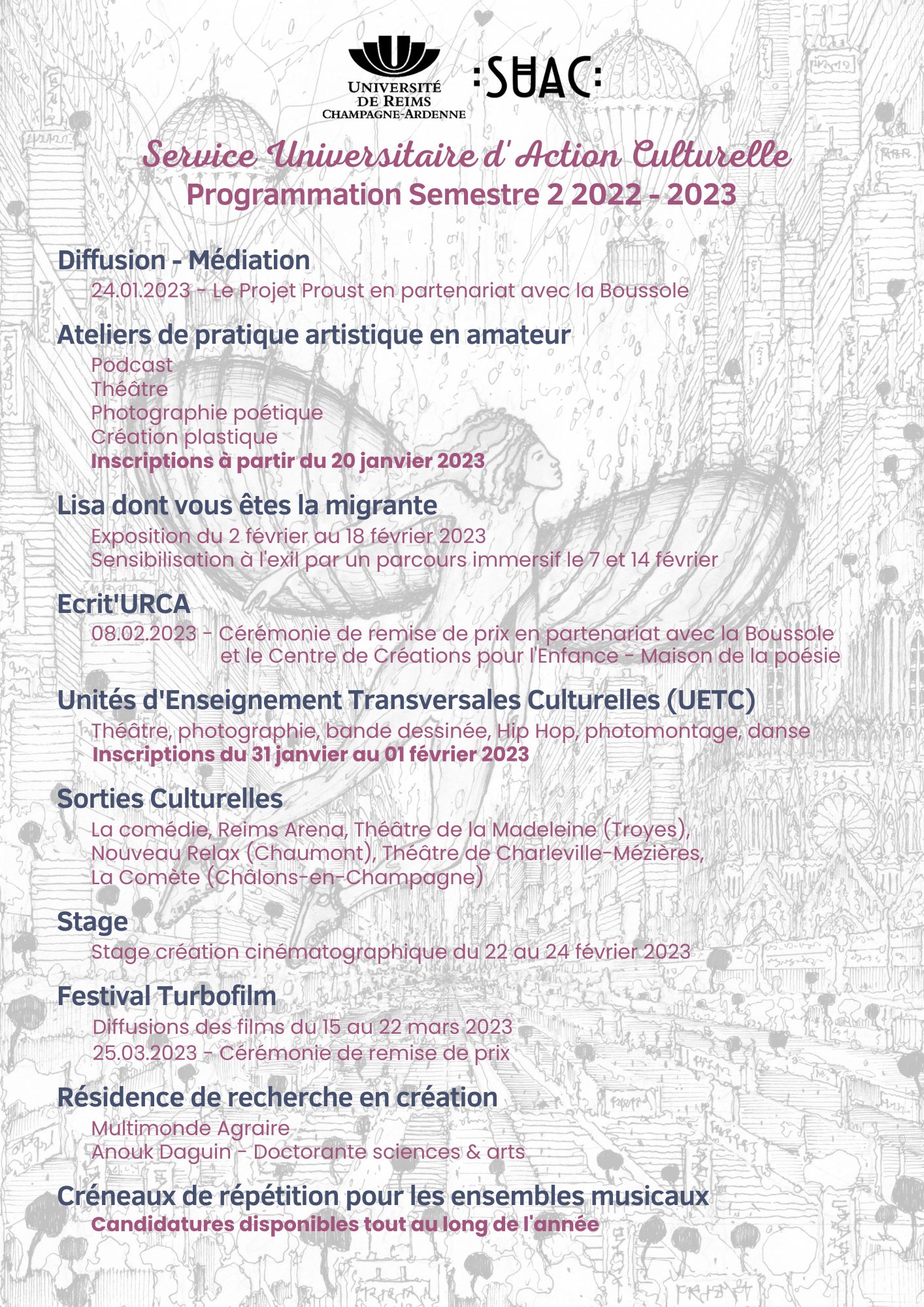 Programmation semestre 2 du SUAC