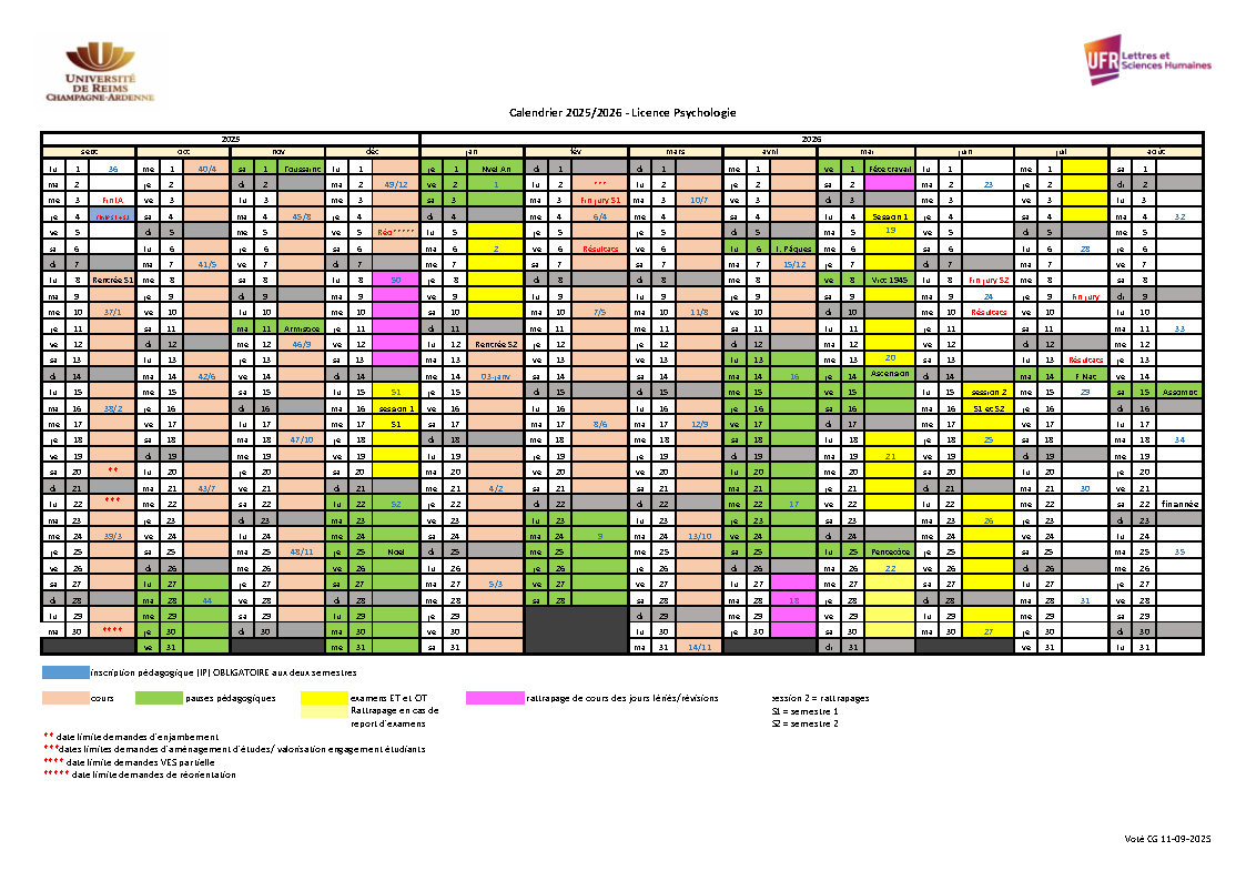 Image du calendrier 2025-2026 licence psycho
