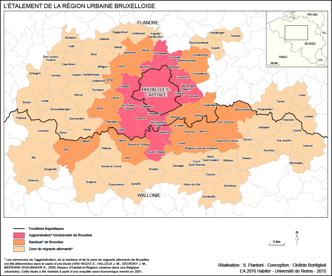 Carte des communes de la Région de Bruxelles selon leur lien avec l’agglomératio