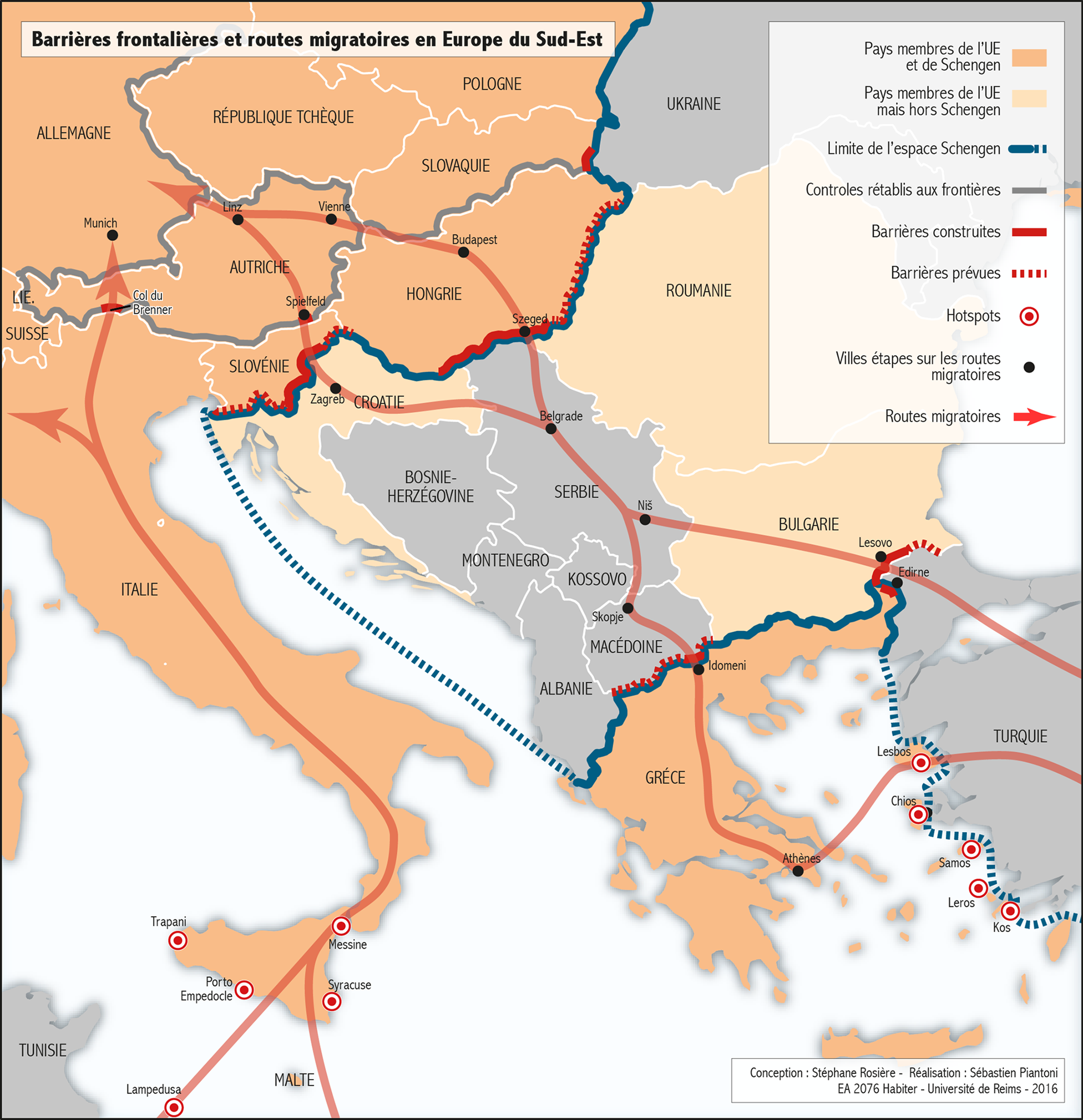 Carte des barrières frontalières et flux de migrants en Europe