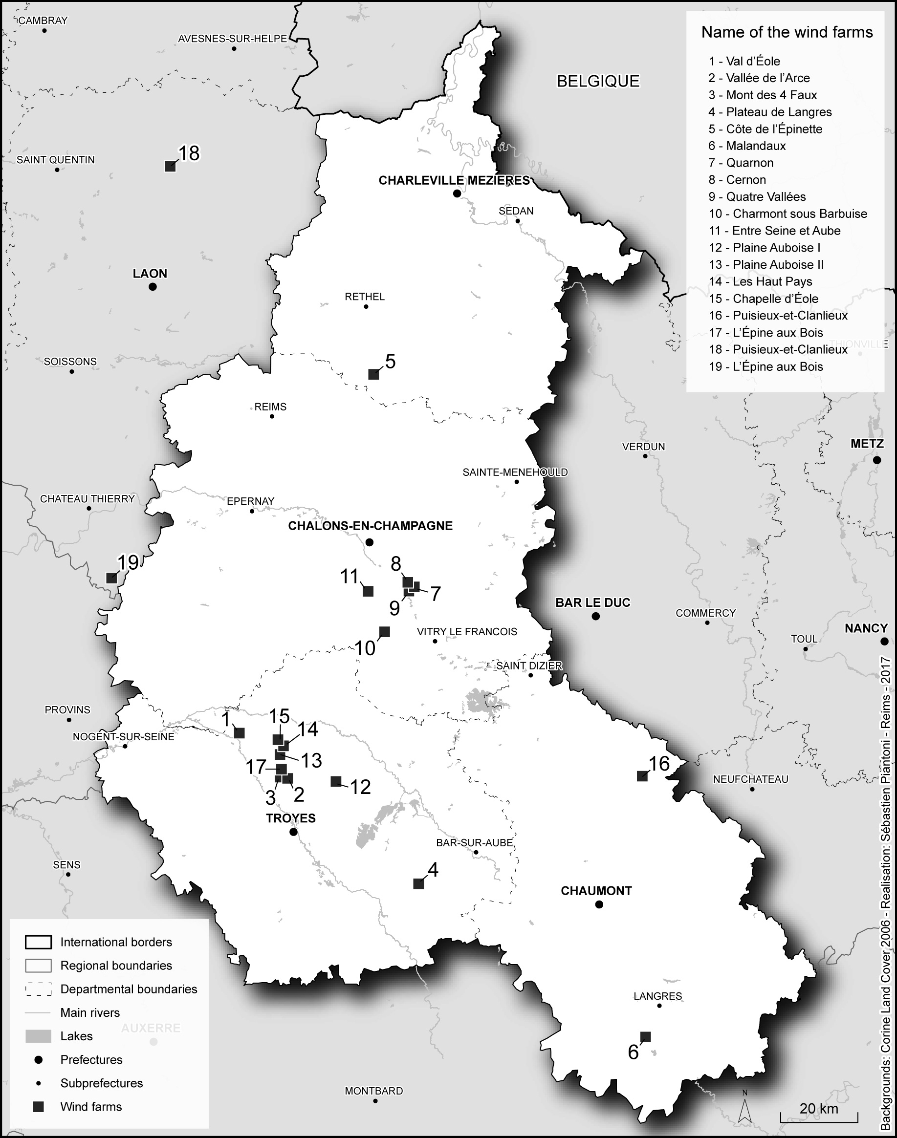Carte de localisation de certains parcs éoliens en Champagne-Ardenne