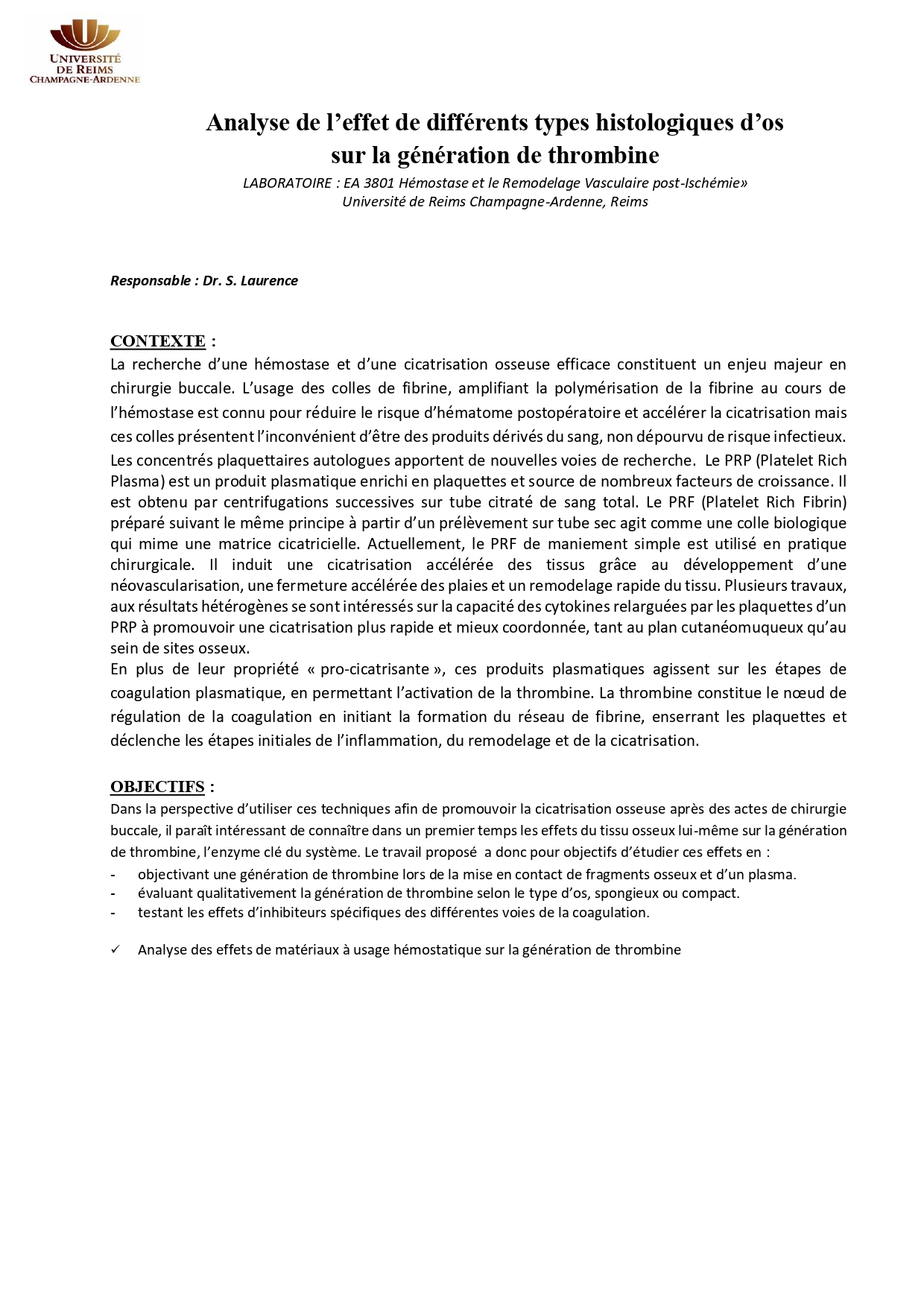 Description projet Histologie osseuse et Thrombine